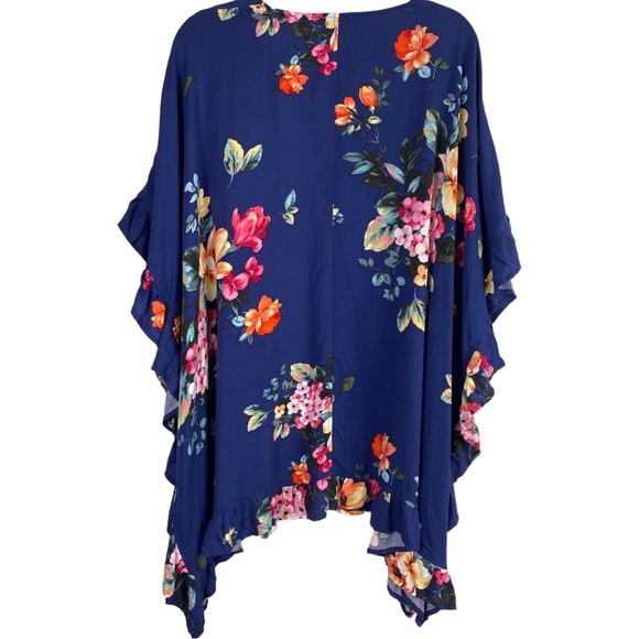 WHITE BIRCH Womens Navy Floral Ruffle Boho Peasant Hippie Kimono Cover Up Sz S/M - Picture 5 of 14